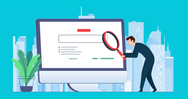 A person holding a magnifying glass examines a search bar on a computer screen